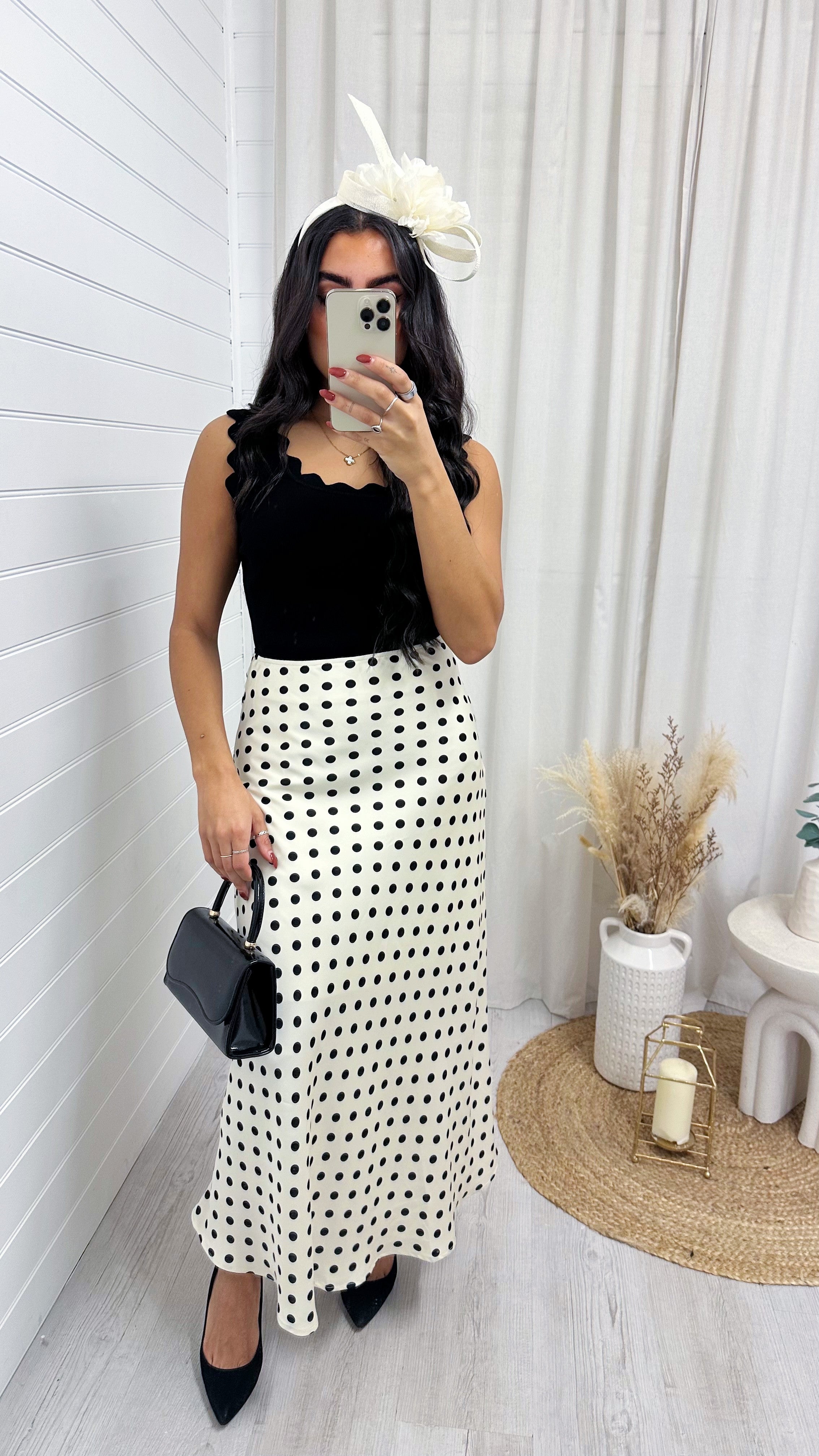 Polka Dot Satin Midi Skirt - CREAM