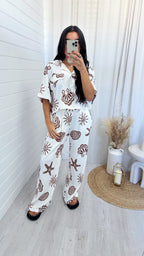 Seashell Print Crop Shirt and Trousers Co-Ord - WHITE