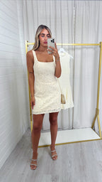 Sequin Lace Square Neck Dress - CREAM