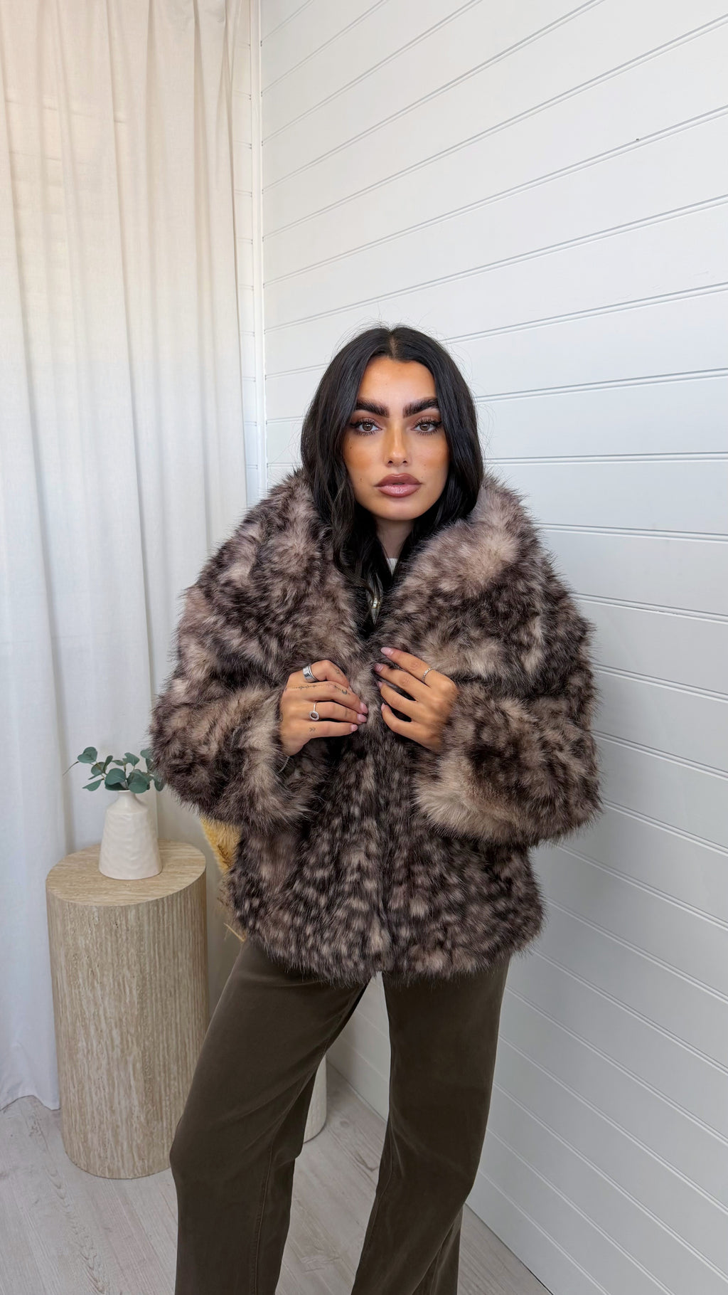 Fluffy Faux Fur Deer Print Coat - TAUPE