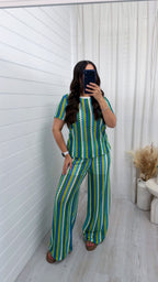 Zig Zag Crochet T-Shirt and Trousers Co-Ord - BLUE/GREEN