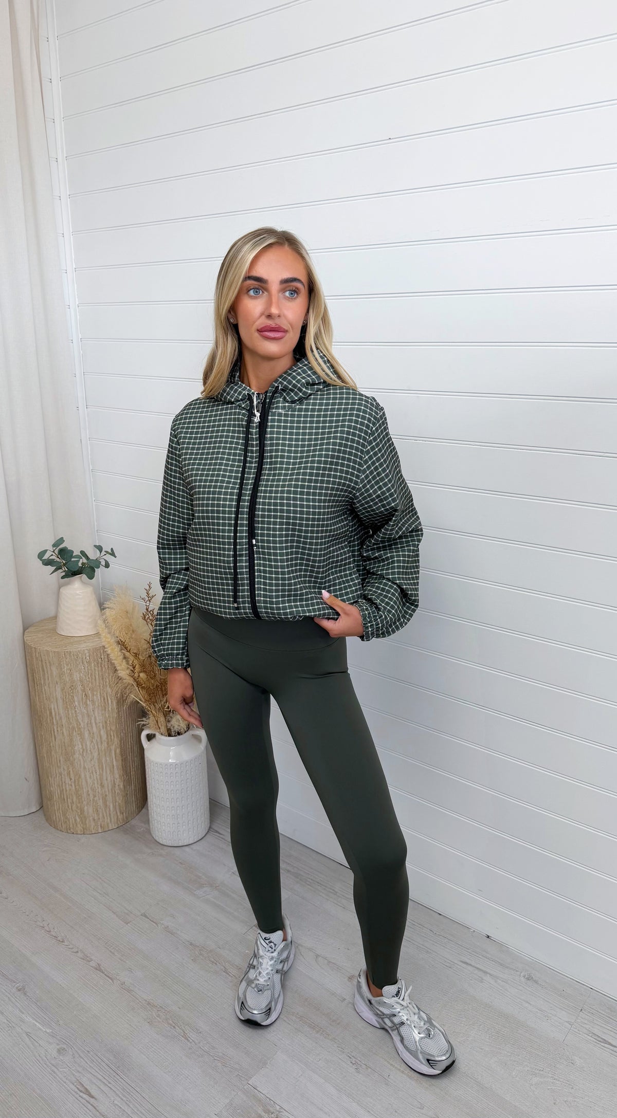 Hooded Check Bomber Jacket - KHAKI