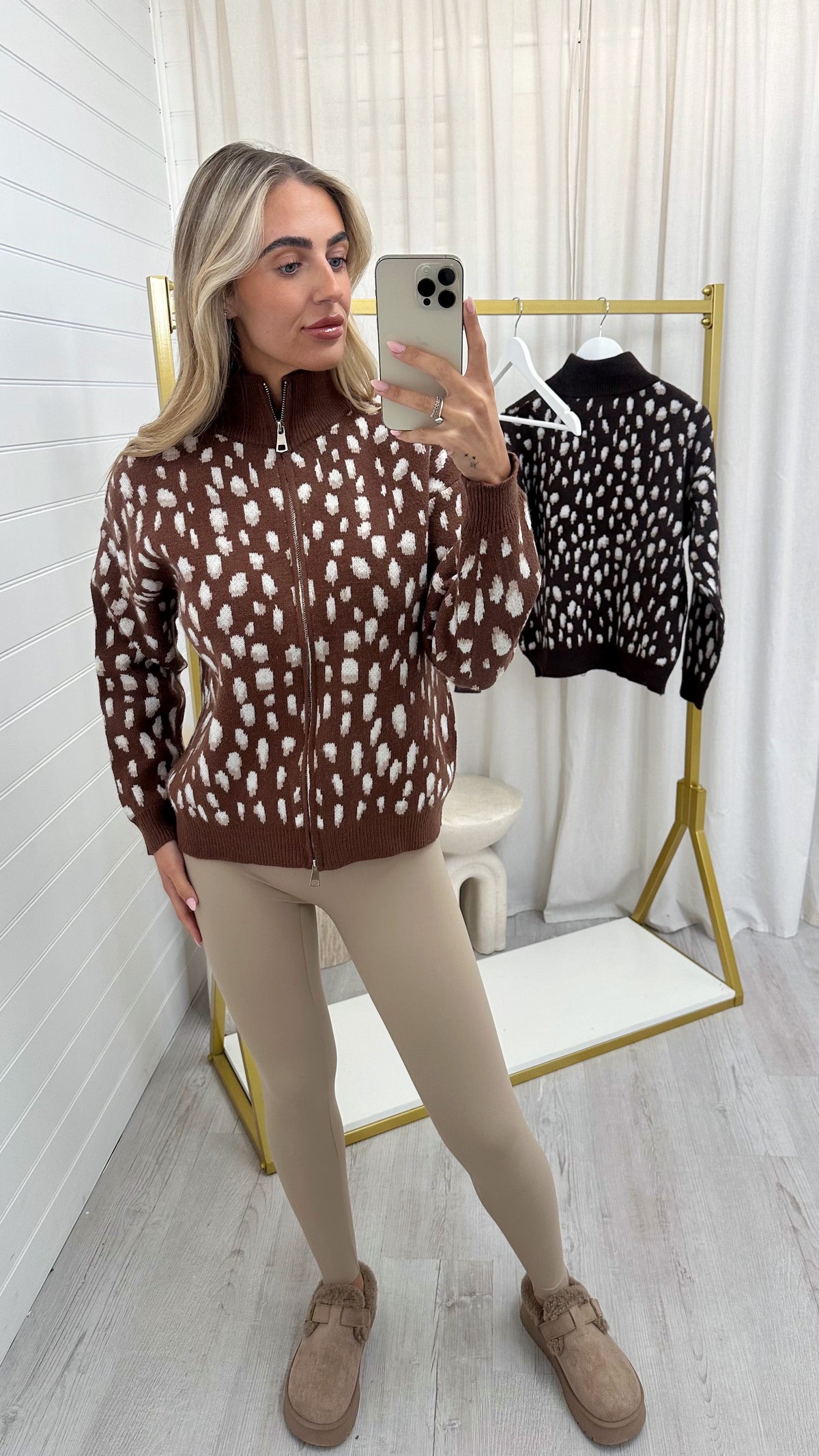 Deer Print Knitted Jacket - CARAMEL
