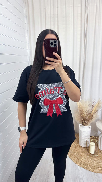 Oversized Je Taime Lace Bow T-Shirt - BLACK