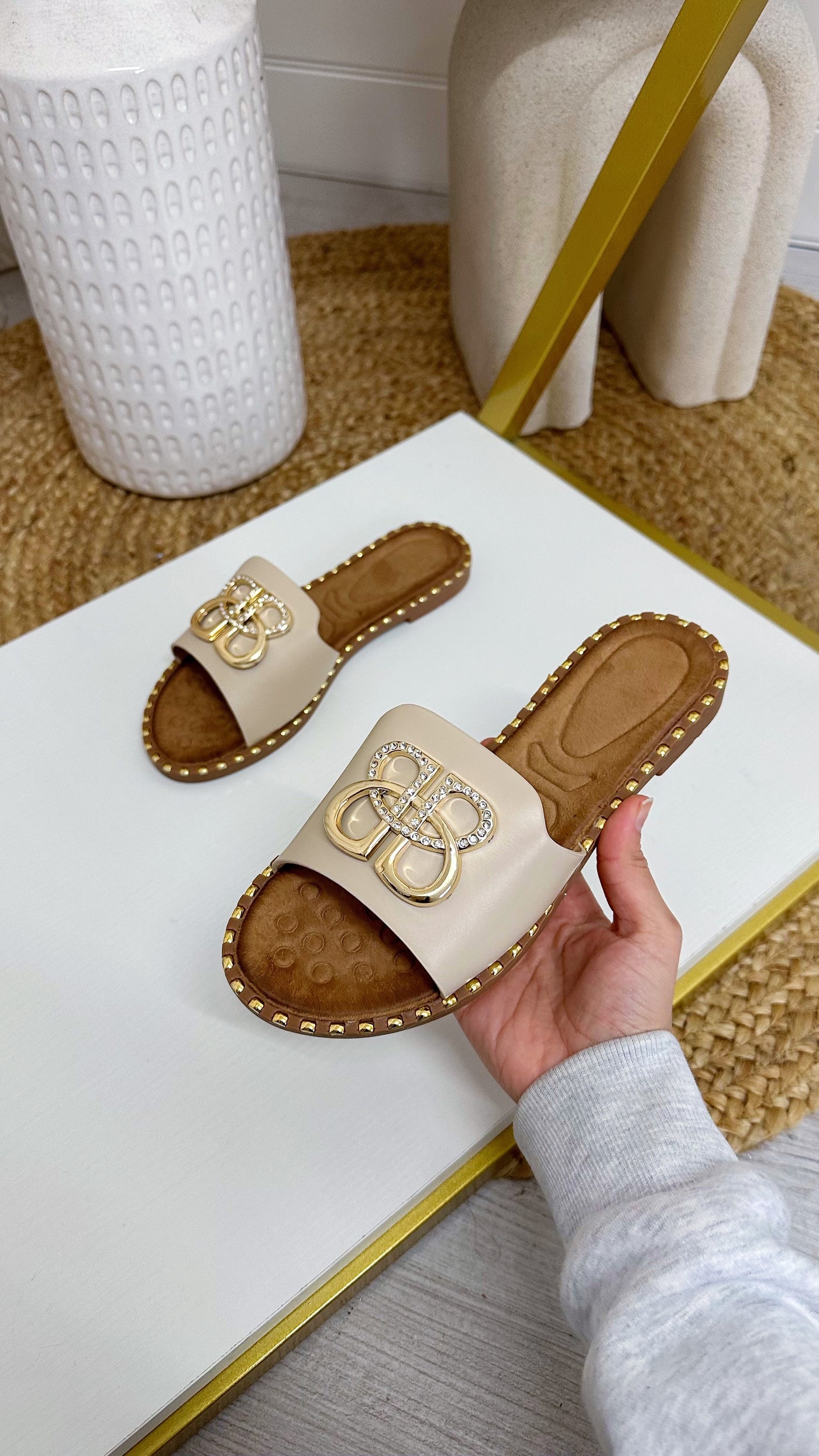 Gold Studded Diamante Sliders - BEIGE