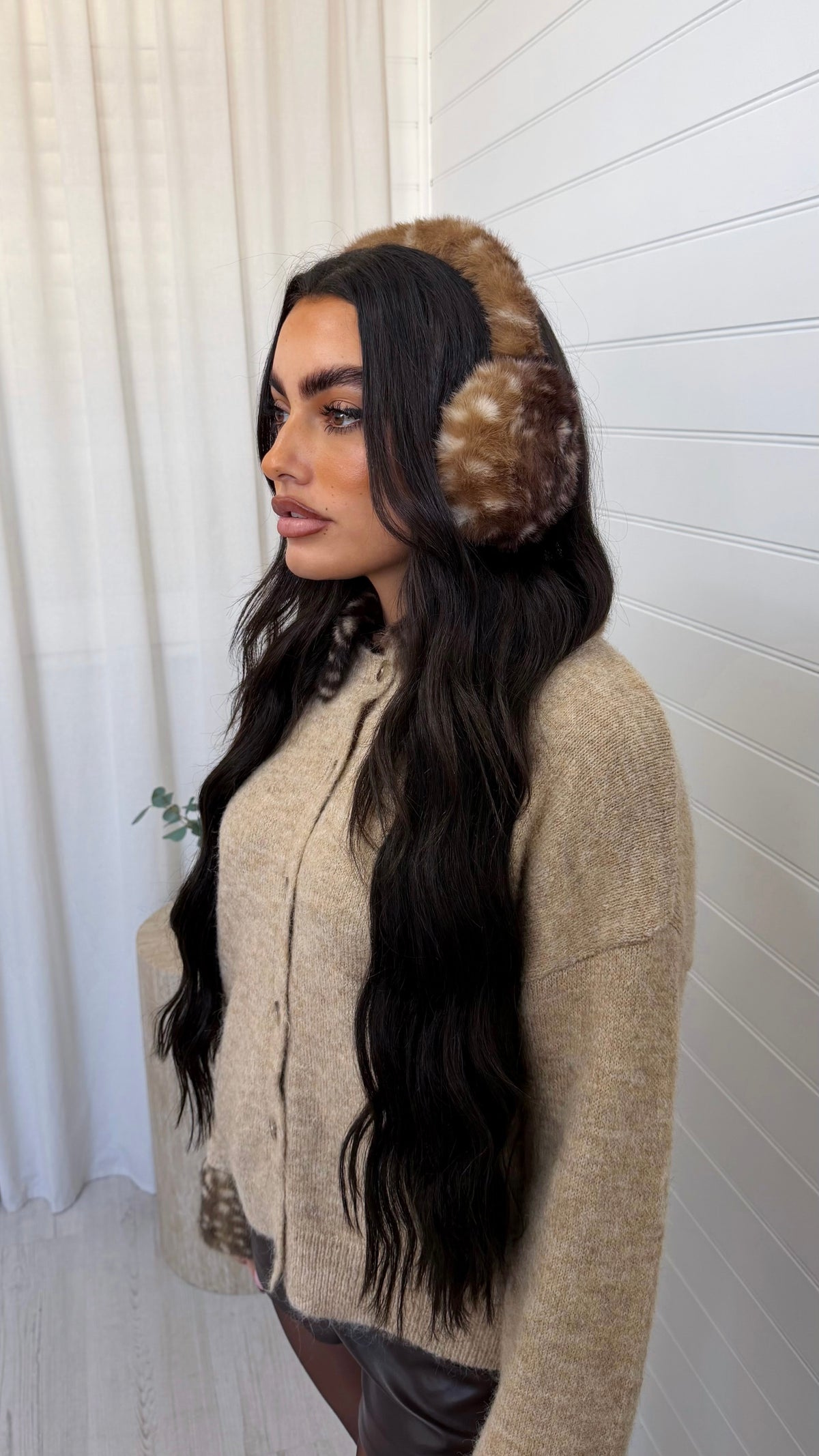 Faux Fur Deer Print Ear Muffs - DARK BEIGE