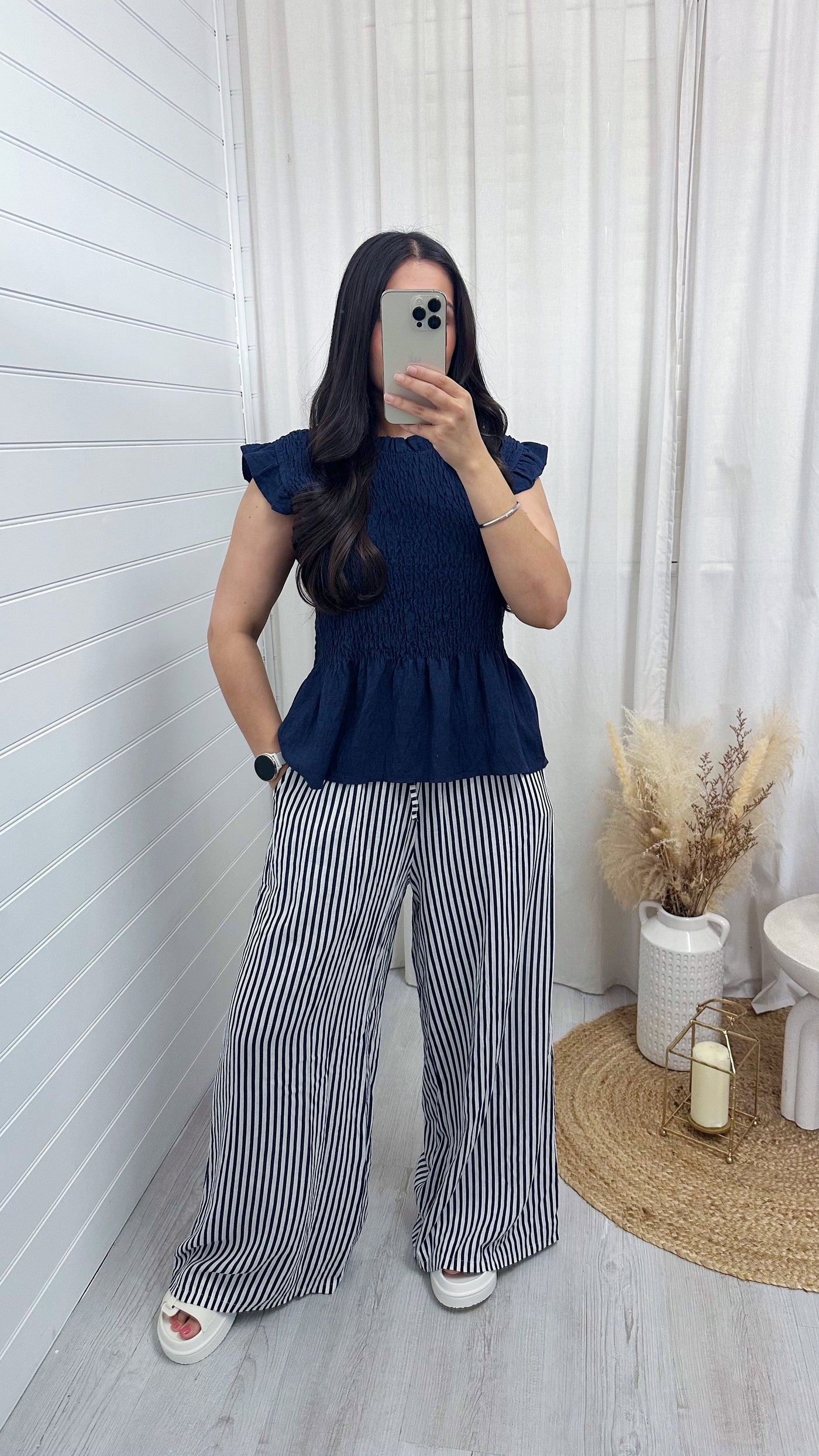Pinstripe Linen Wide Leg Trousers - NAVY
