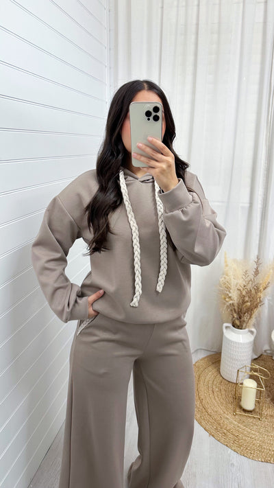 Rope Lace Hoodie and Wide Leg Joggers Co-Ord - MOCHA