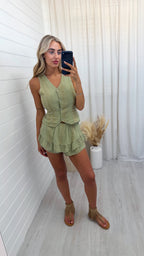 Gold Thread Linen Waistcoat and Frill Skort Co-Ord - KHAKI