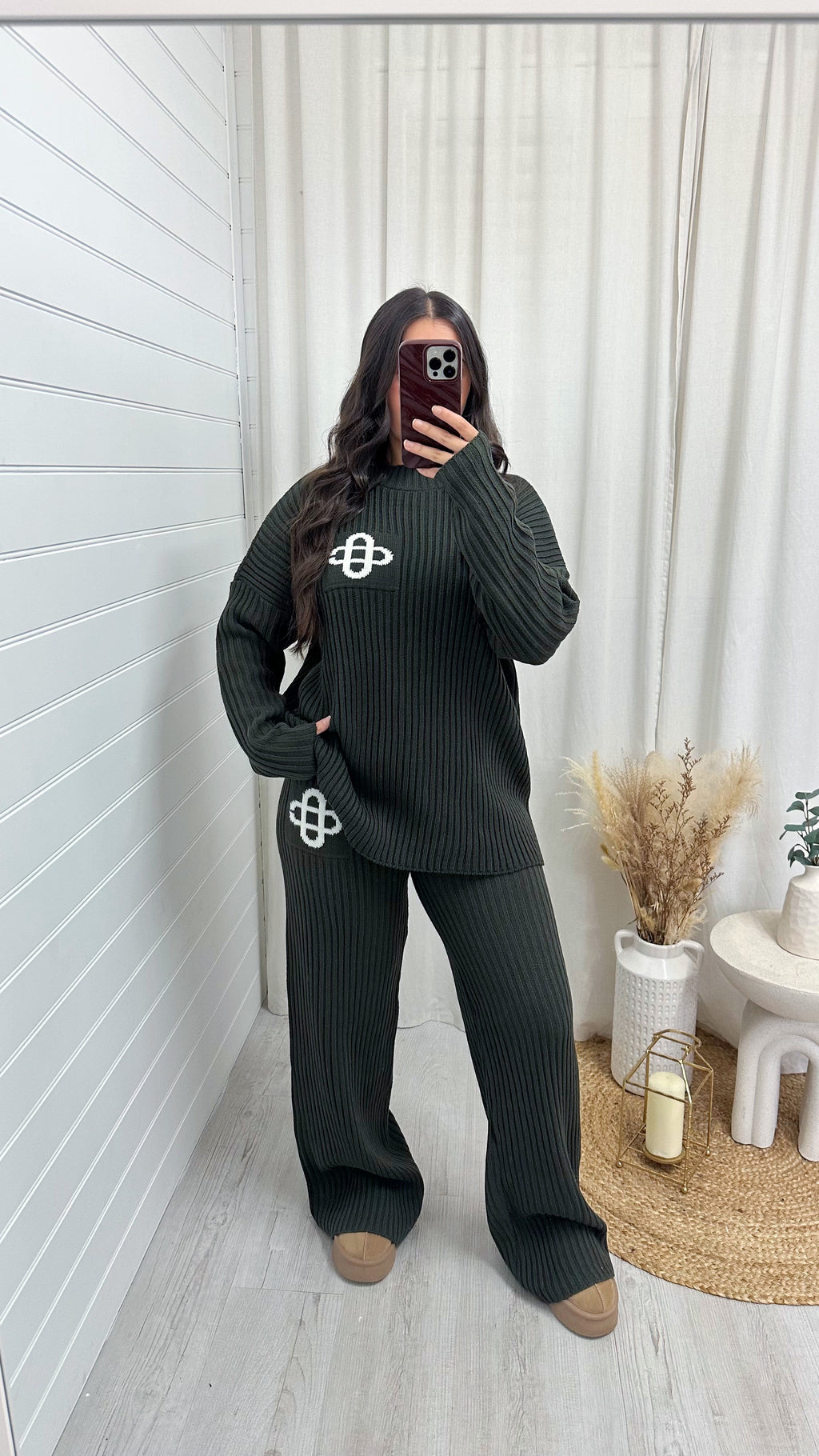 Chunky Ribbed Knit Logo Top and Trouser Co-Ord - KHAKI