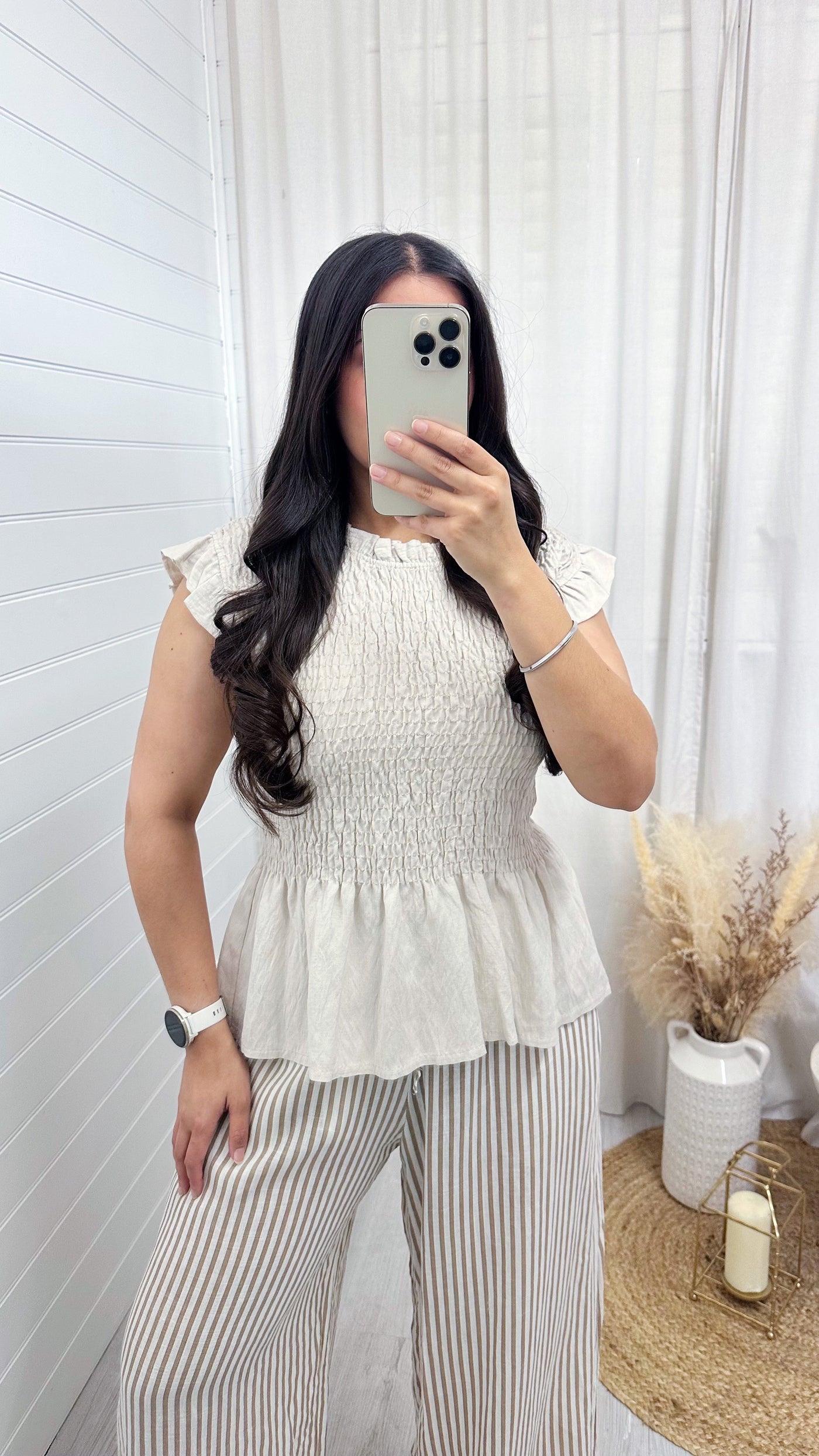 Shirred Peplum Vest Top - BEIGE