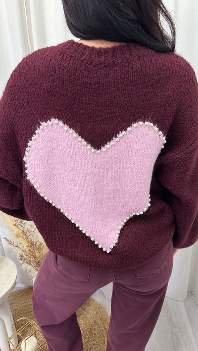 Pearl Love Heart Mohair Jumper - WINE