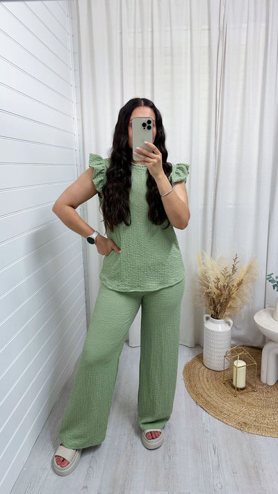 Cheesecloth Frill Shoulder Top and Trousers Co-Ord - MINT