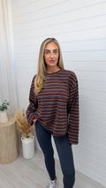 Relaxed Long Sleeve Stripe T-Shirt - BURGUNDY/SLATE