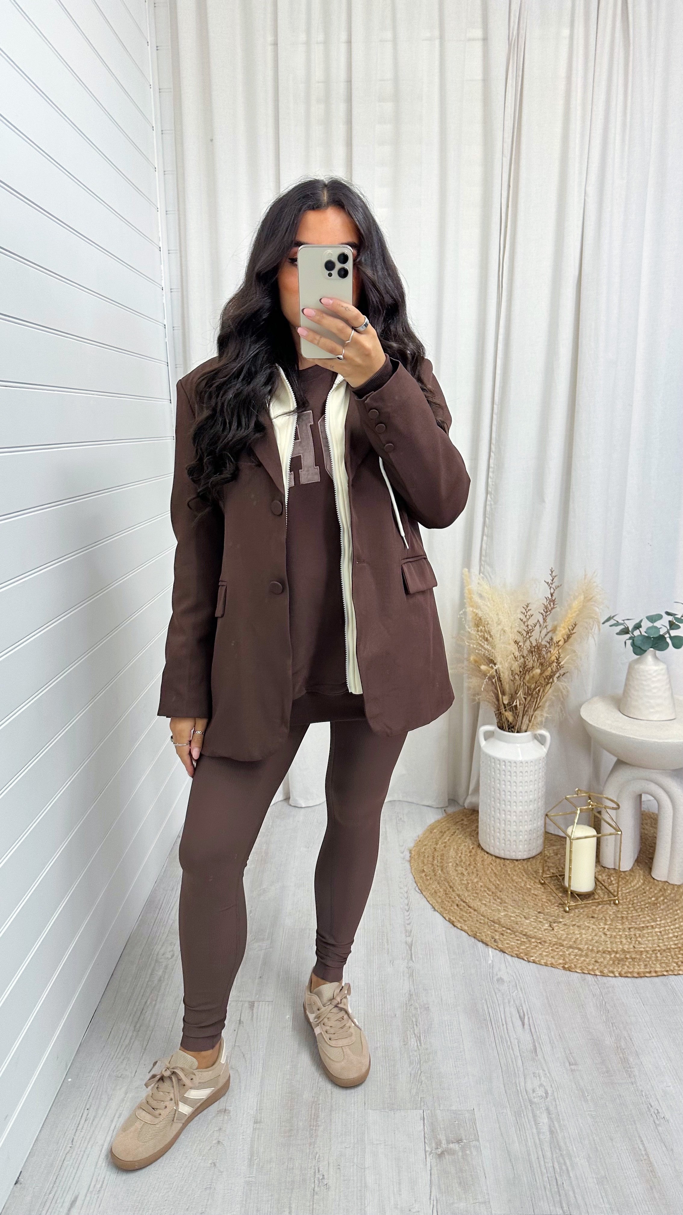Tailored Insert Hooded Blazer - BROWN/CREAM