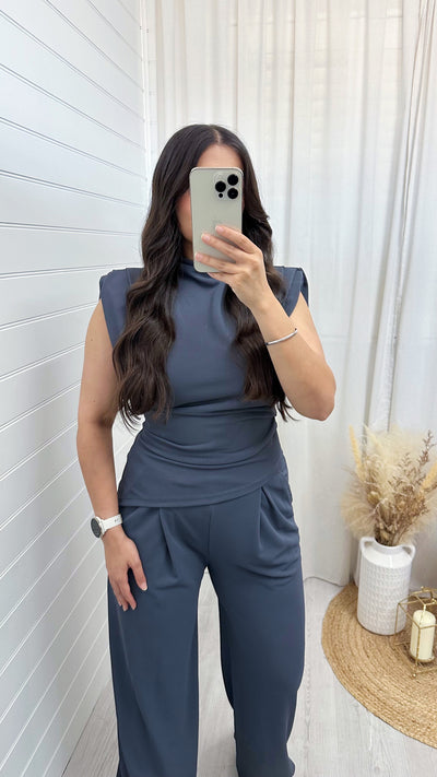 Asymmetrical Top and Wide Leg Trousers Co-Ord - CHARCOAL
