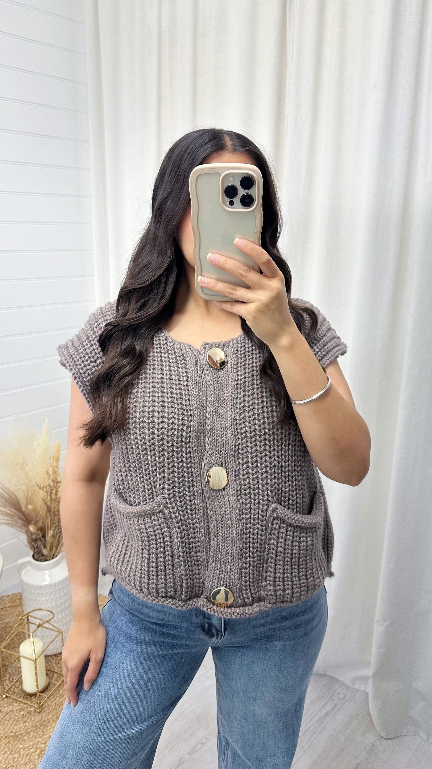 Gold Button Knitted Waistcoat - MOCHA