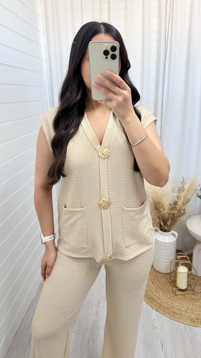 Gold Button Cheesecloth Waistcoat and Trousers Co-Ord - LIGHT BEIGE