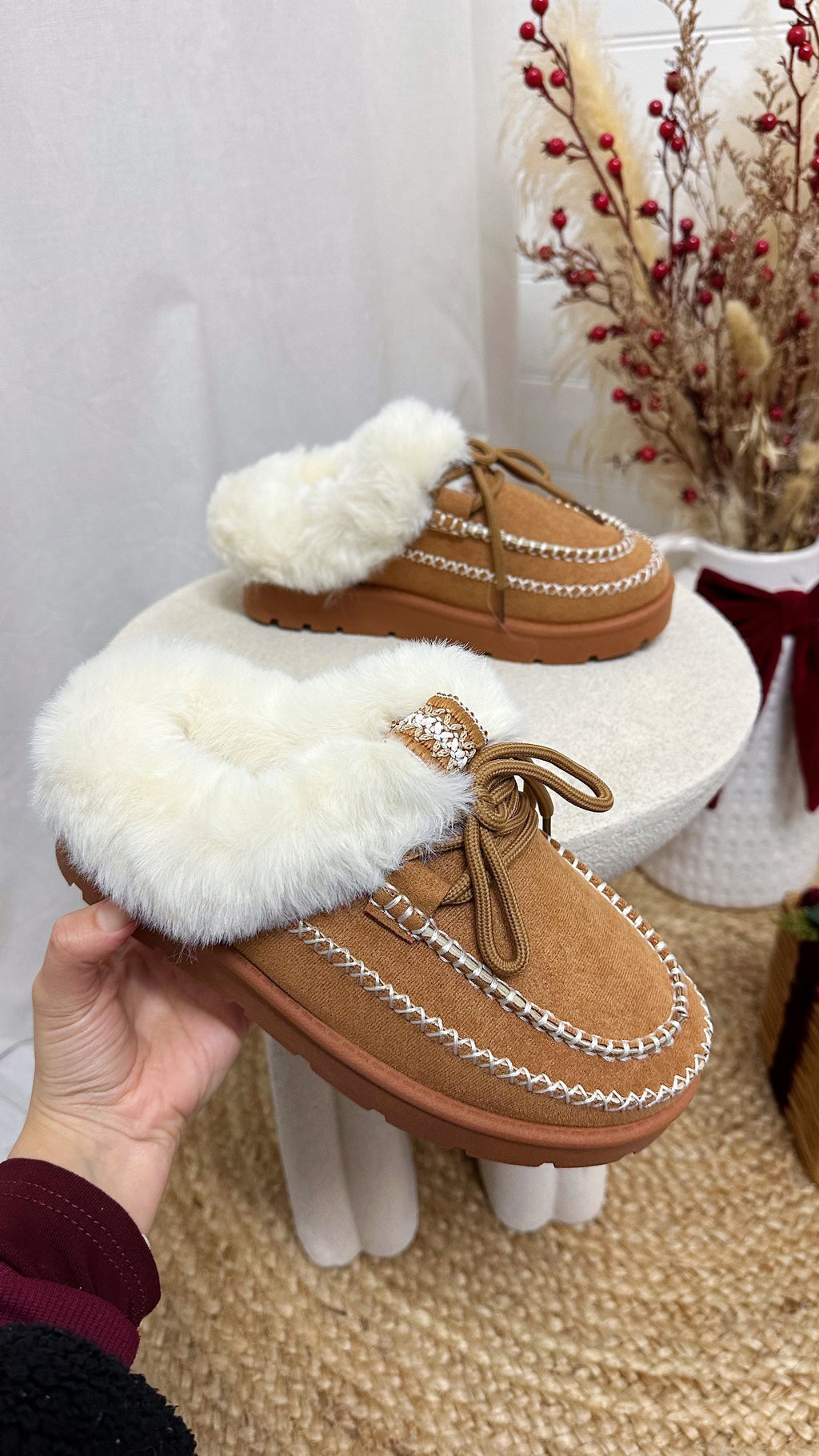 Fur Lined Embroidered Mules - CAMEL