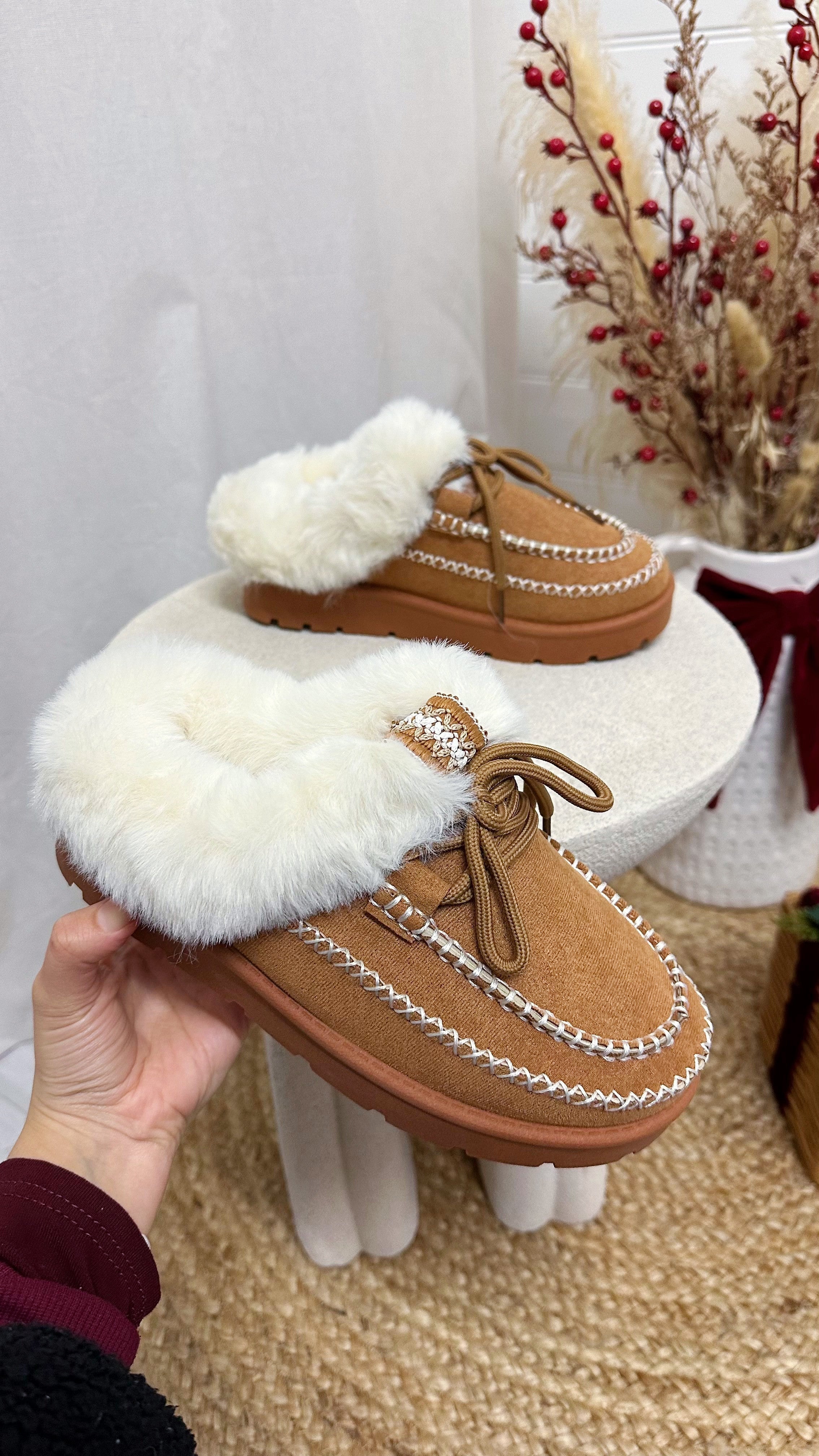 Fur Lined Embroidered Mules - CAMEL