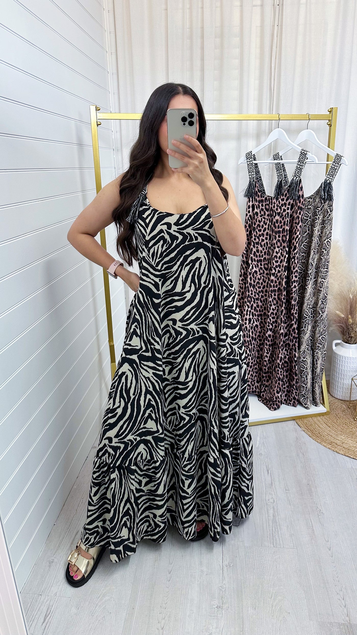 Zebra Print Tassel Sleeve Frill Hem Maxi Dress