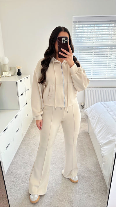 Crop Jacket and Flare Joggers Tracksuit - CREAM