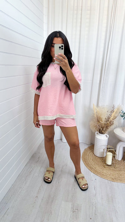 Crochet Pocket T-Shirt and Shorts Co-Ord - PINK