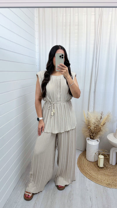 Pleated Tunic and Wide Leg Trousers Co-Ord - LIGHT BEIGE