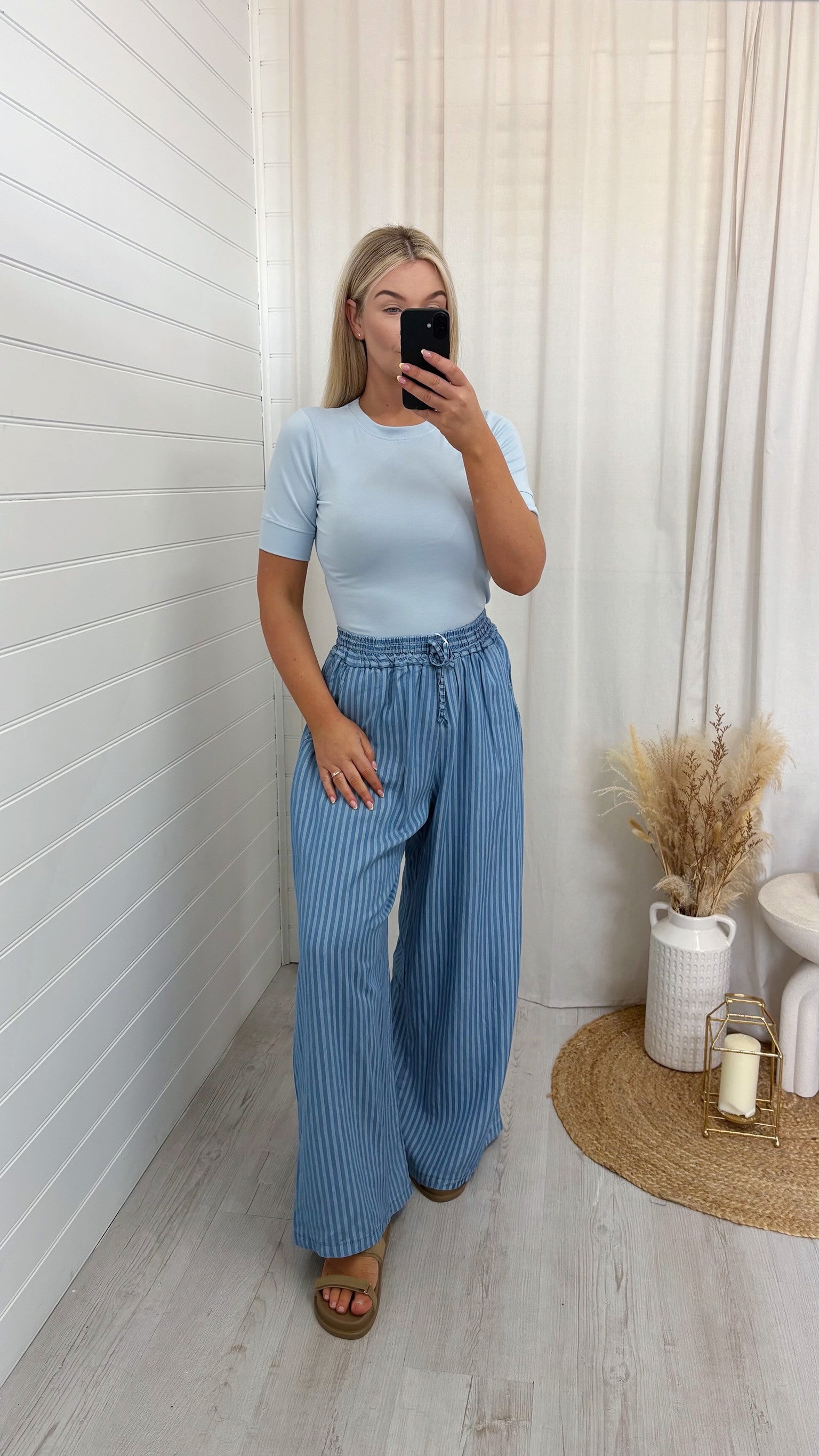 Pinstripe Wide Leg Trousers - DARK DENIM