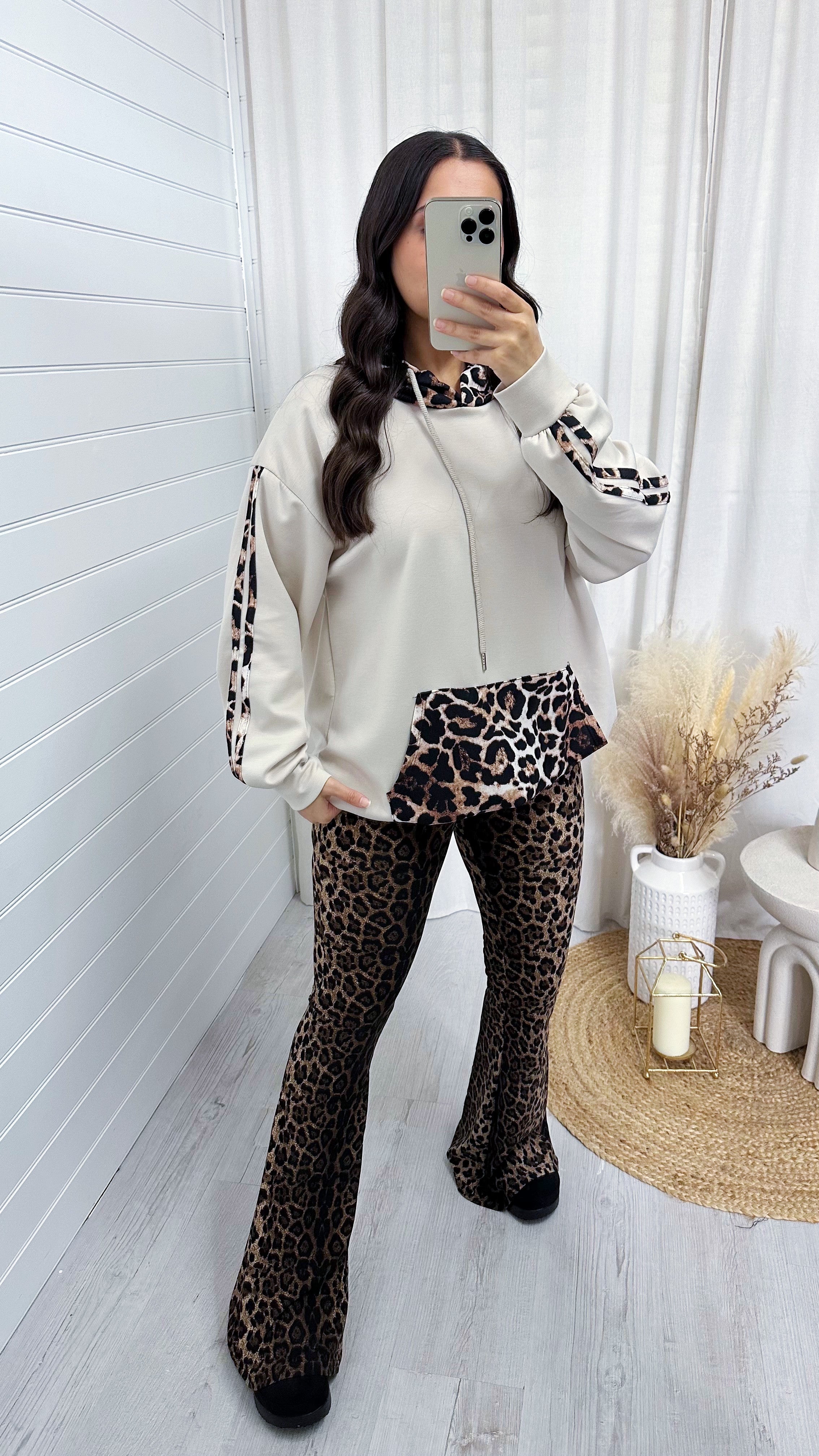 Leopard Print High Waisted Slim Fit Flare Trousers - DARK LEOPARD