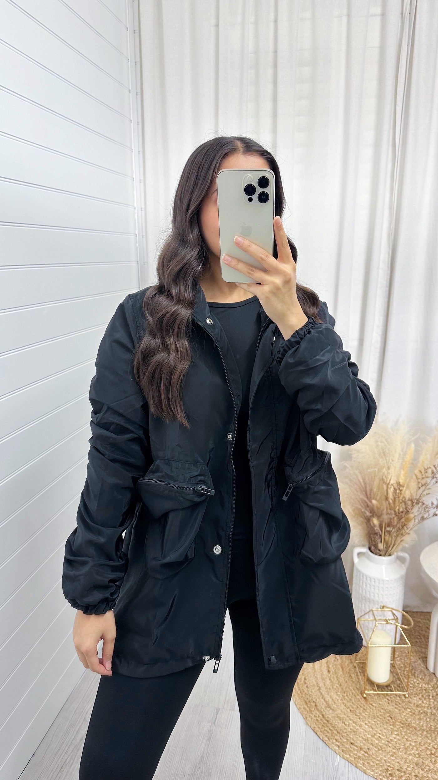 Ruched Sleeve Long Windbreaker Jacket - BLACK