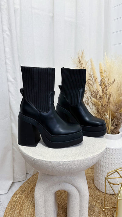 Chunky Platform Heel Sock Boots - BLACK