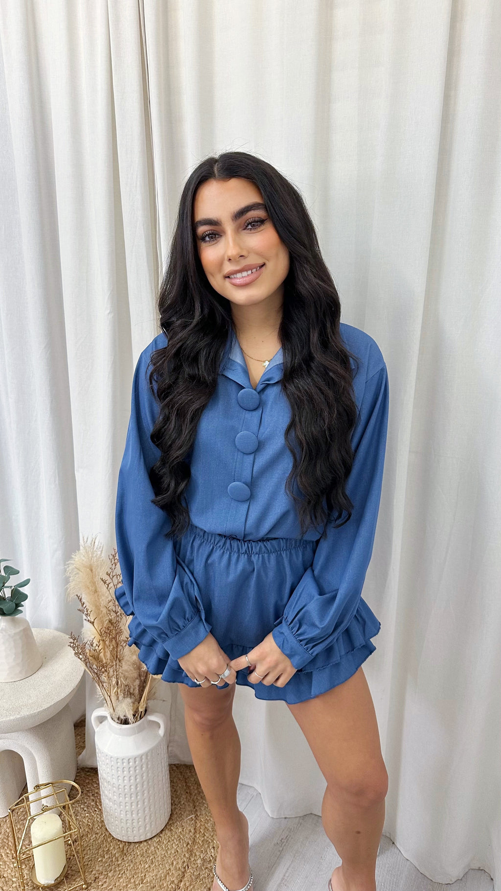 Chunky Button Shirt and Frill Skort Co-Ord - DARK DENIM BLUE