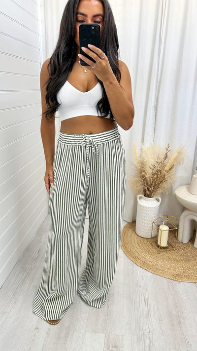 Pinstripe Linen Wide Leg Trousers - KHAKI
