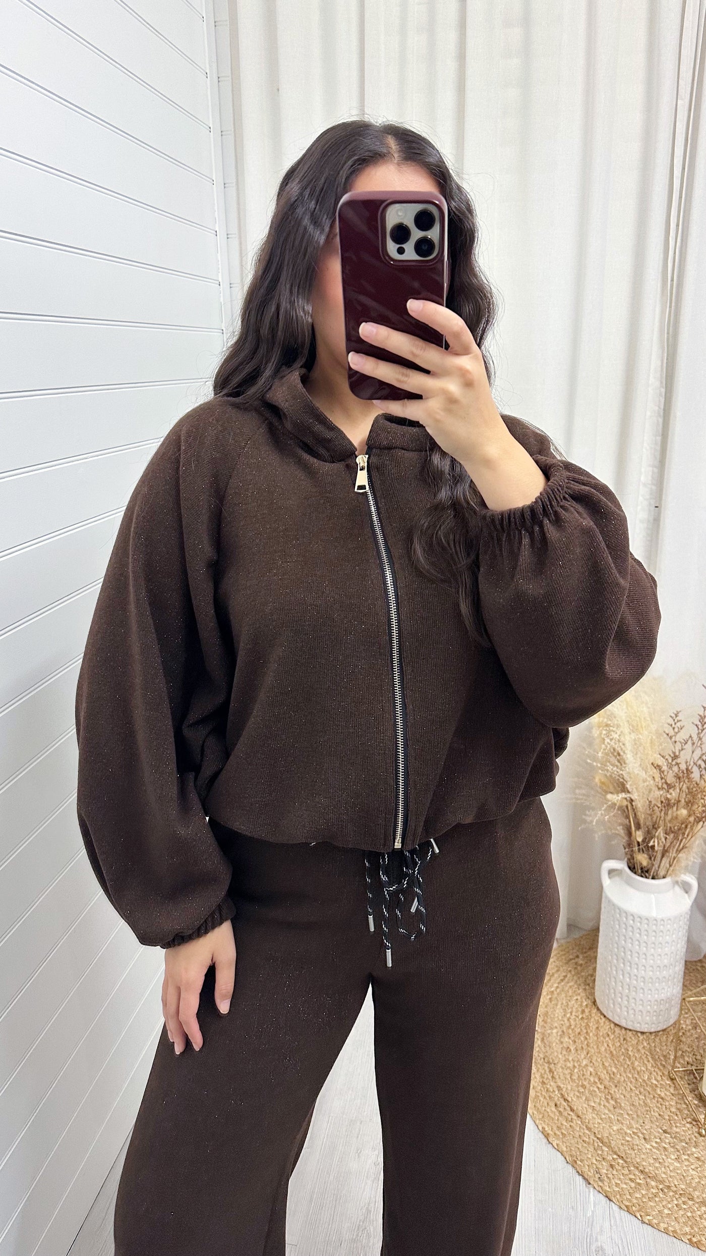 Shimmery Knitted  Bomber Jacket and Joggers Co-Ord - BROWN