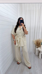 Gold Button Belted Shirt and Trousers Co-Ord - LIGHT BEIGE