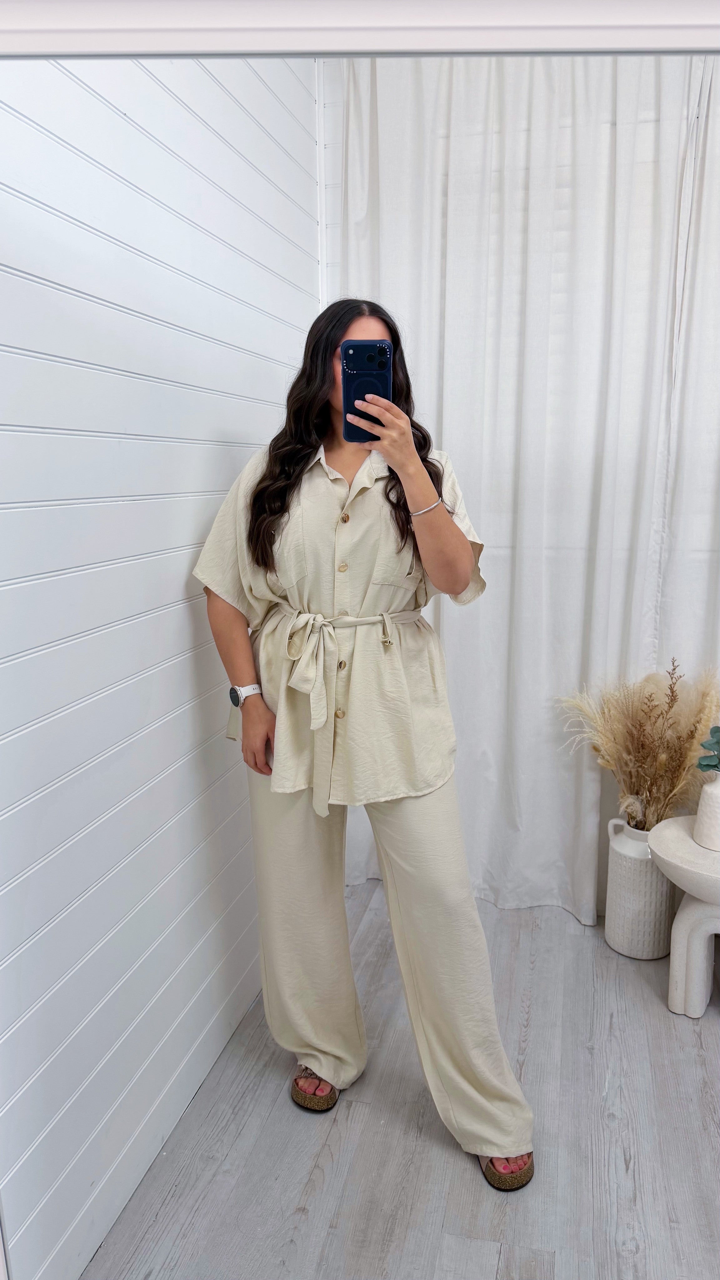 Gold Button Belted Shirt and Trousers Co-Ord - LIGHT BEIGE