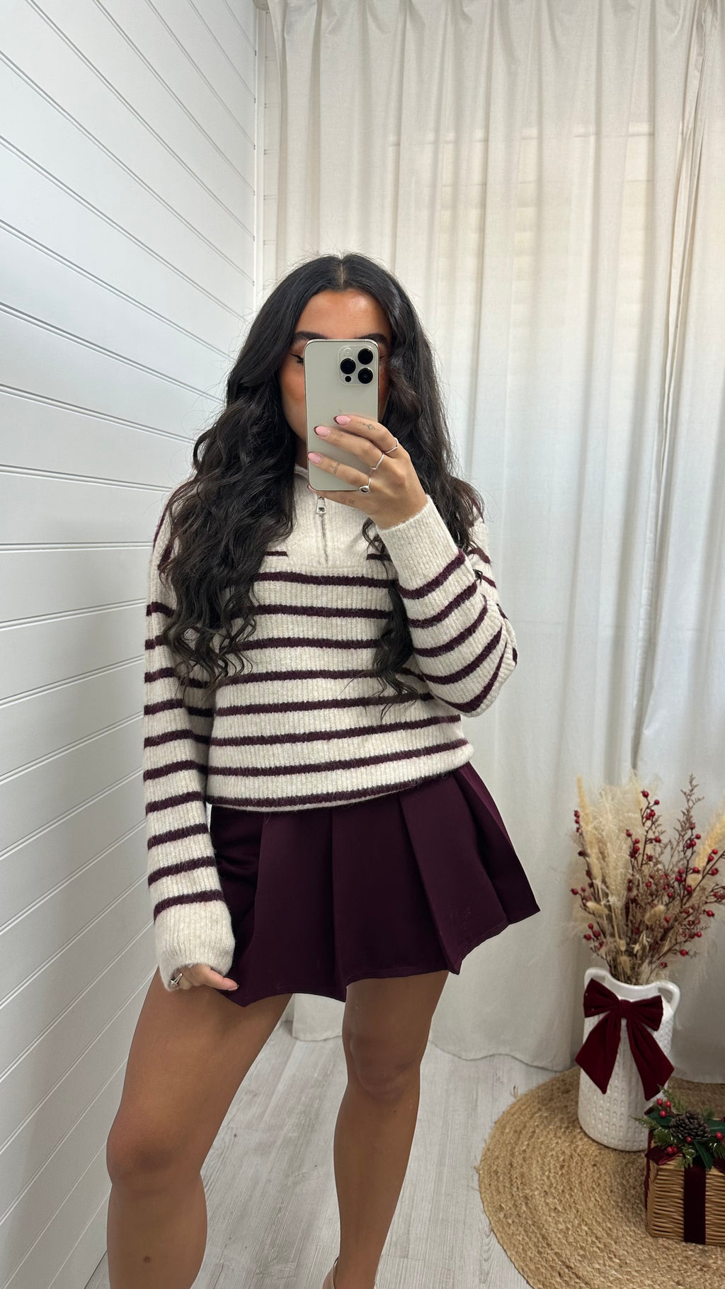 Half Zip Woollen Stripey Jumper - WINE/BEIGE