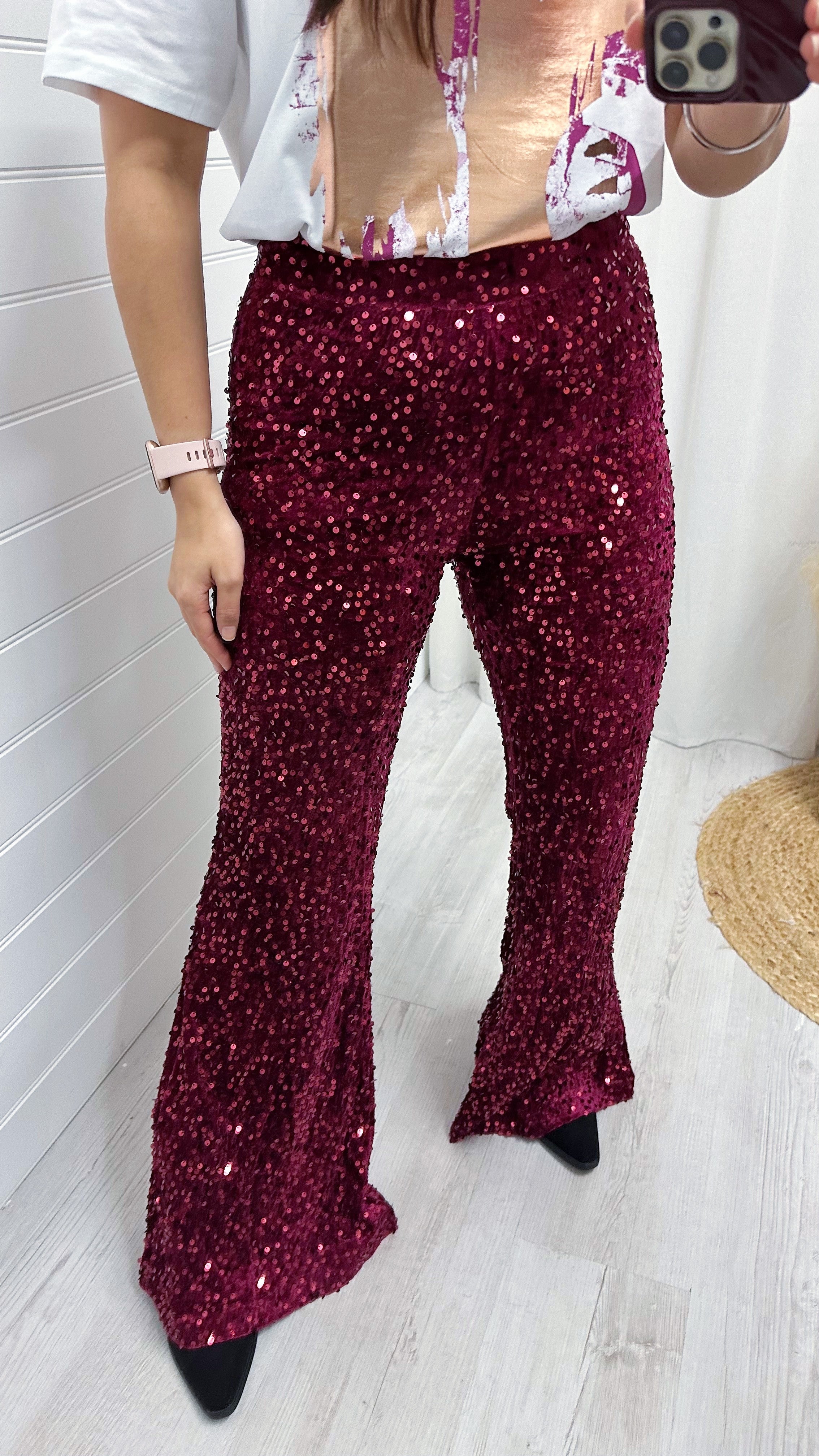 Velvet Sequin Flare Trousers - WINE