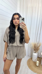 Laser Cut Mesh Balloon Top and Shorts Co-Ord - TAUPE