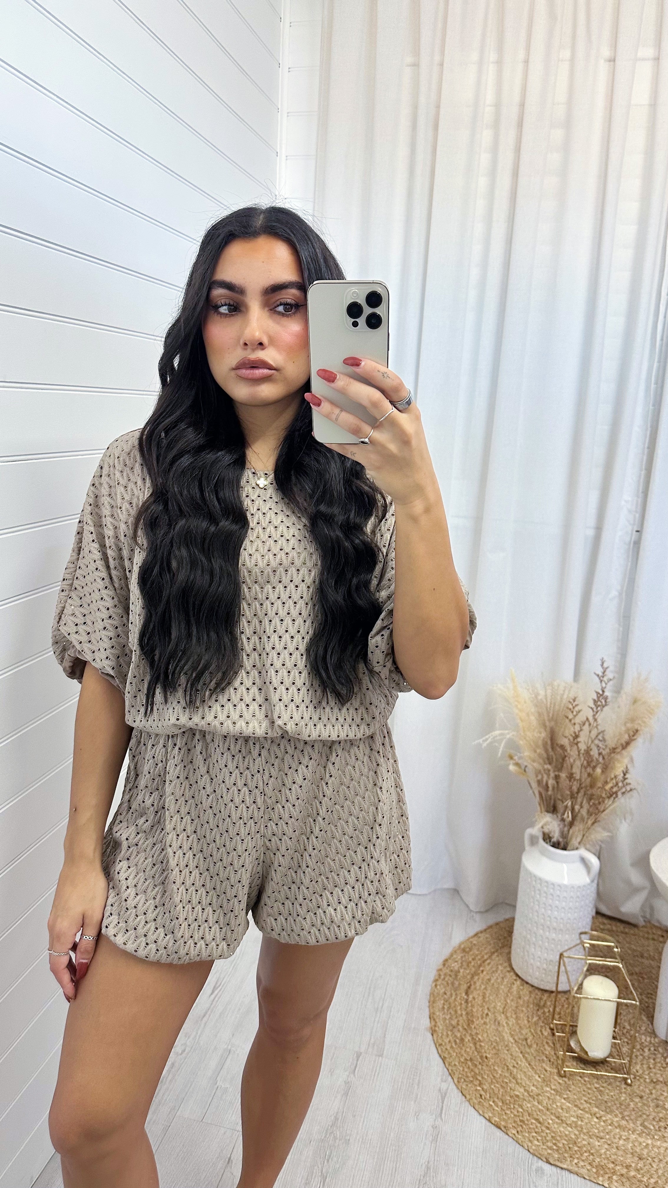 Laser Cut Mesh Balloon Top and Shorts Co-Ord - TAUPE