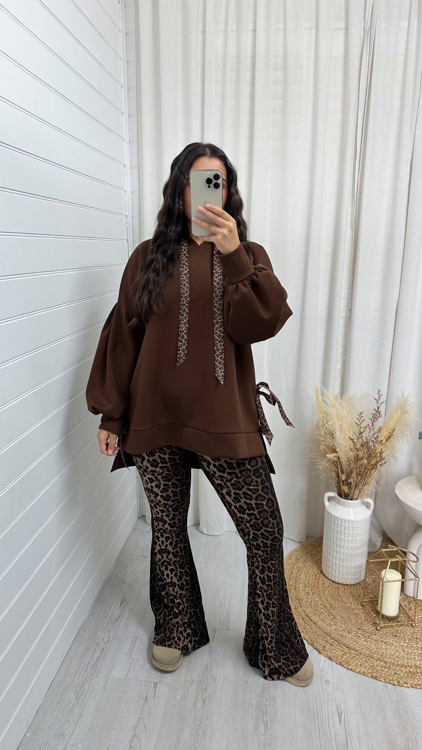 Leopard Print Ribbon Side Slit Hoodie - BROWN