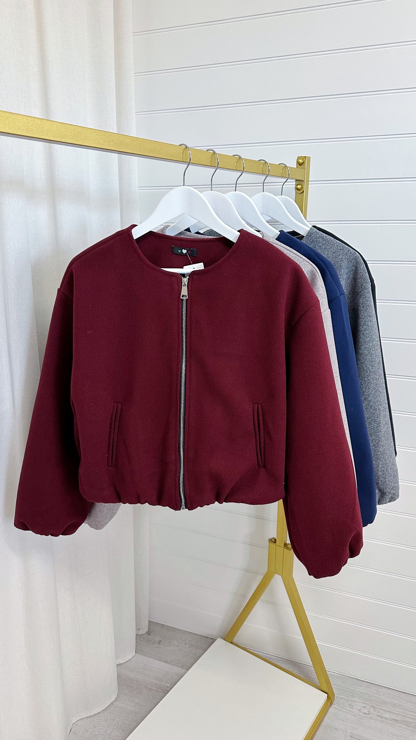 Balloon Sleeve Woollen Bomber Jacket - WINE