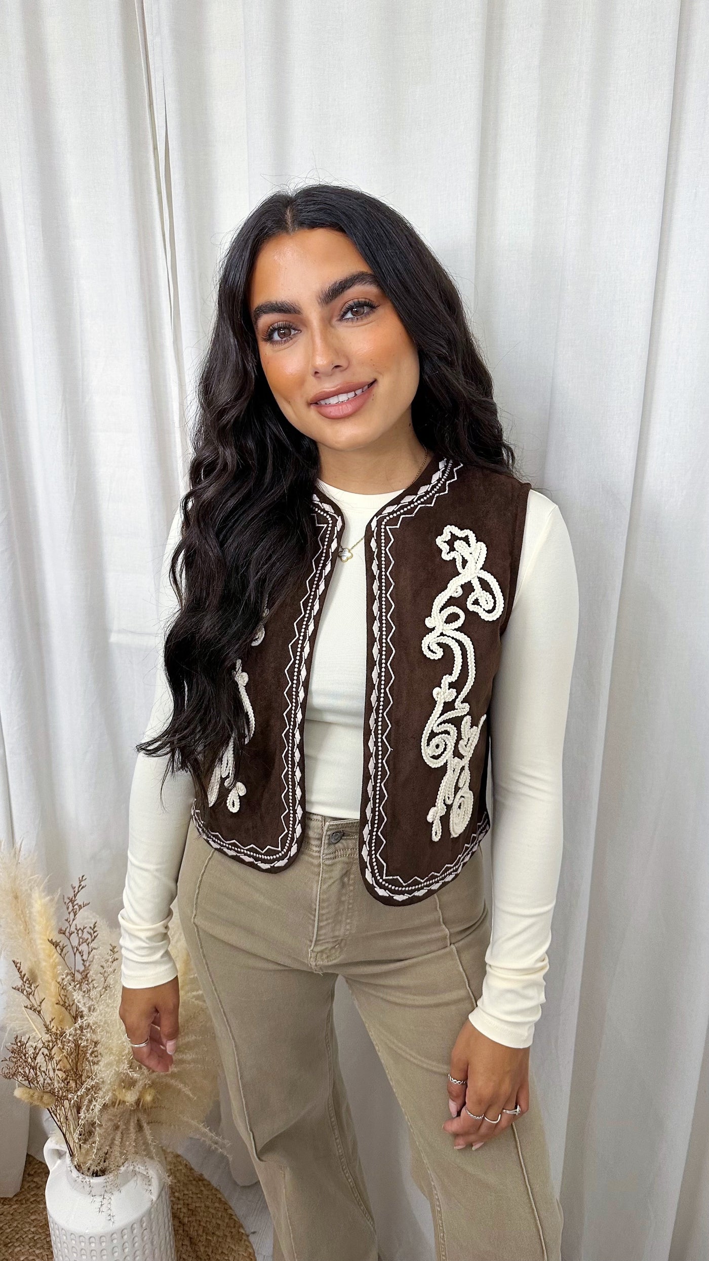 Western Suede Embroidered Waistcoat - BROWN