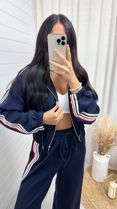 Retro Side Stripe Bomber Jacket and Joggers Tracksuit - NAVY