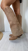 Gold Stud Knee High Fold Over Cowboy Boots - CAMEL