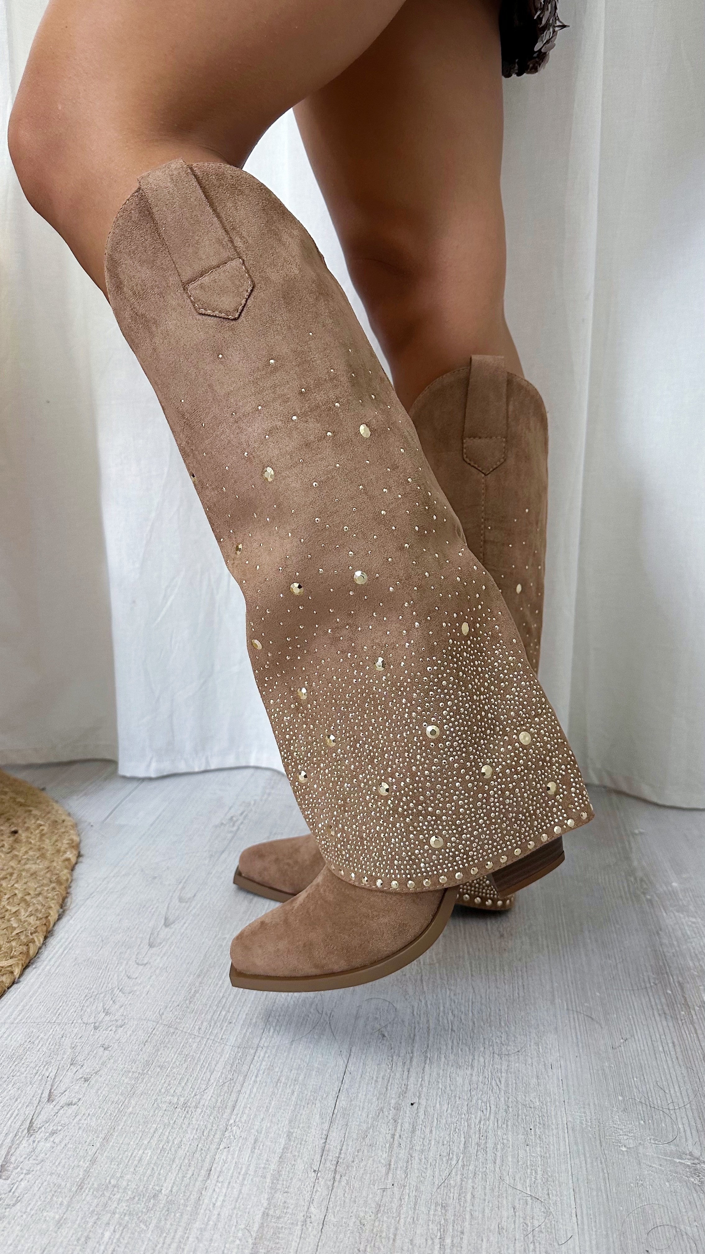 Gold Stud Knee High Fold Over Cowboy Boots - CAMEL