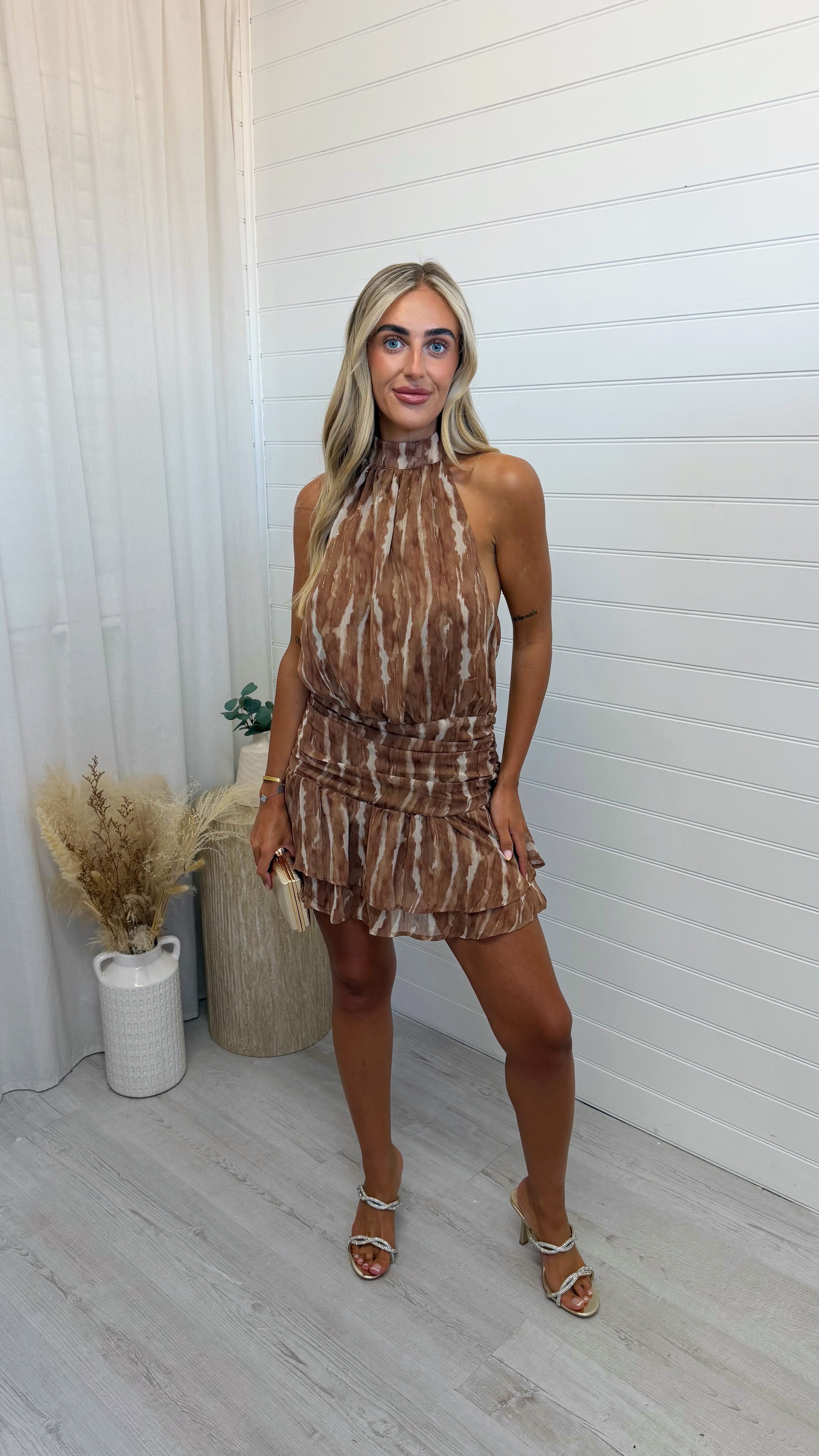 Halter Neck Ruched Playsuit - TAN