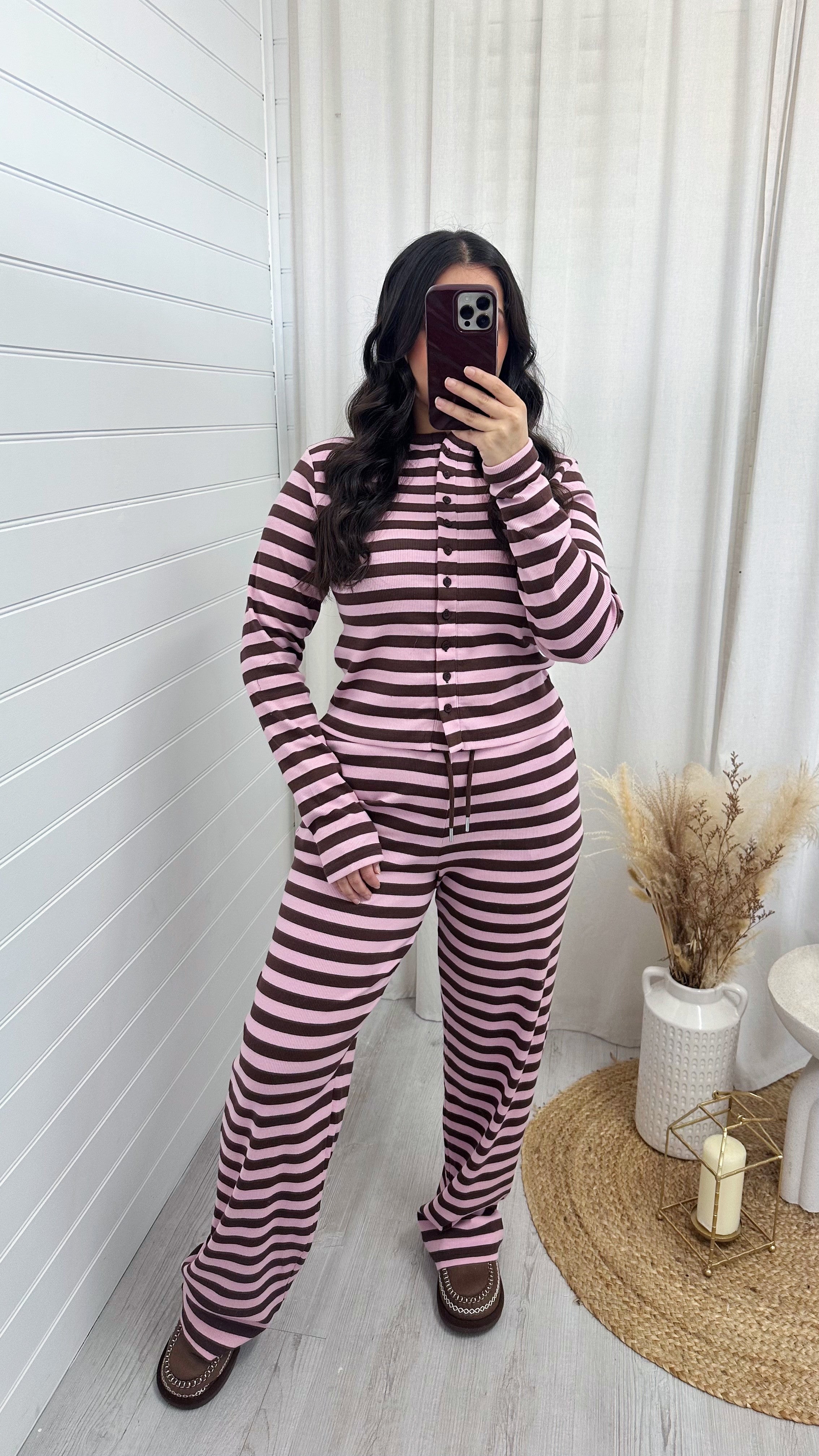 Stripe Knit Cardigan and Straight Leg Joggers Co-Ord - PINK/BROWN