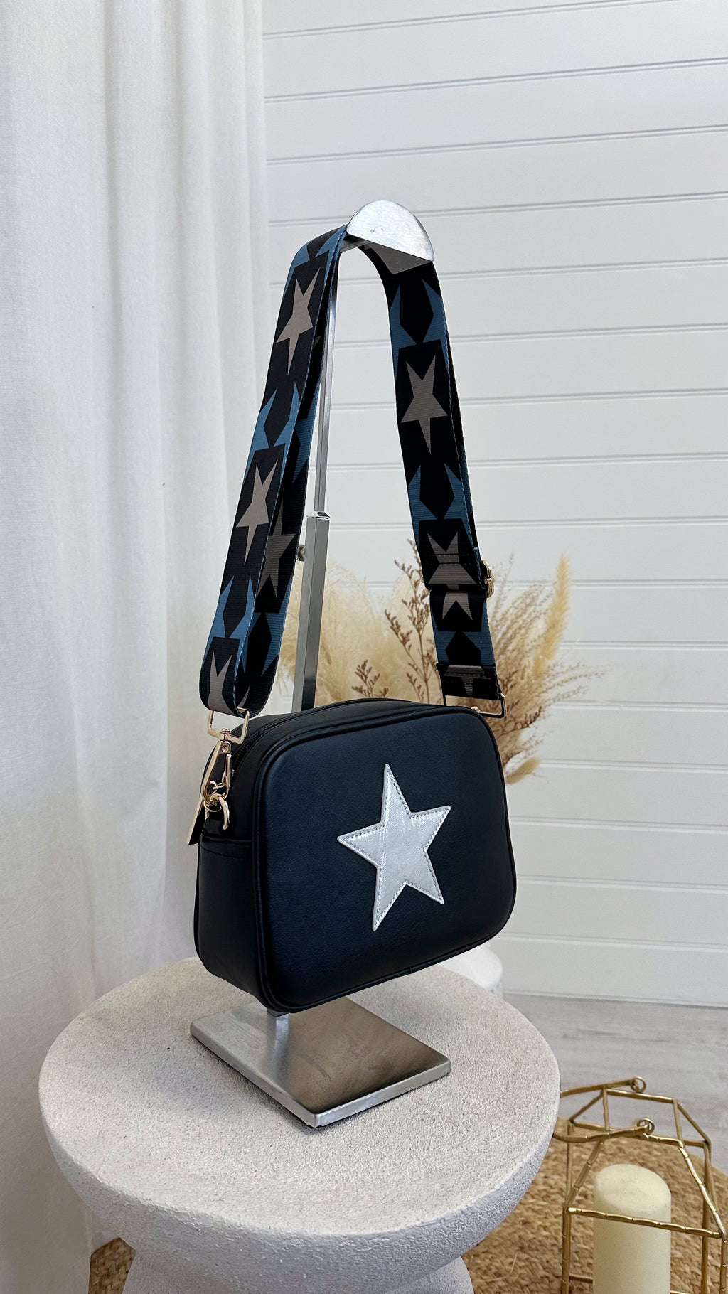 Star Embroidered Cross Body Bag - BLACK